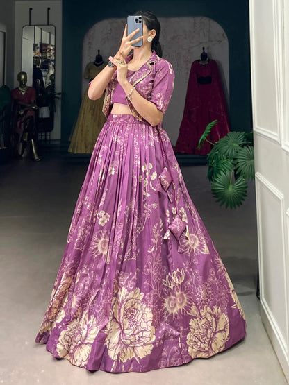 Captivating Purple Printed Festival Wear Crop Top Lehenga With Jacket - Zeel Clothing