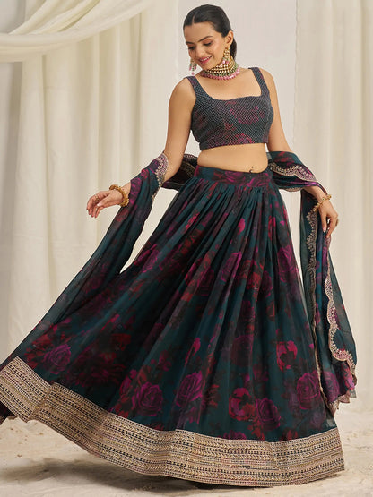 Captivating Teal Green Printed Organza Event Wear Lehenga Choli - Zeel Clothing