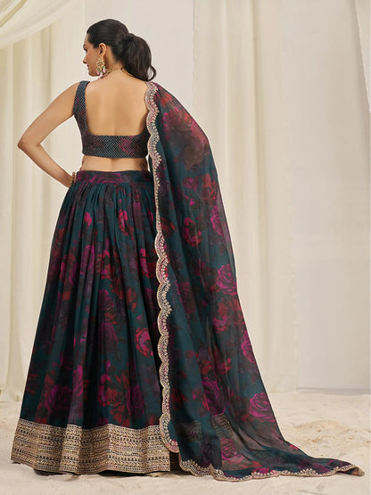 Captivating Teal Green Printed Organza Event Wear Lehenga Choli - Zeel Clothing