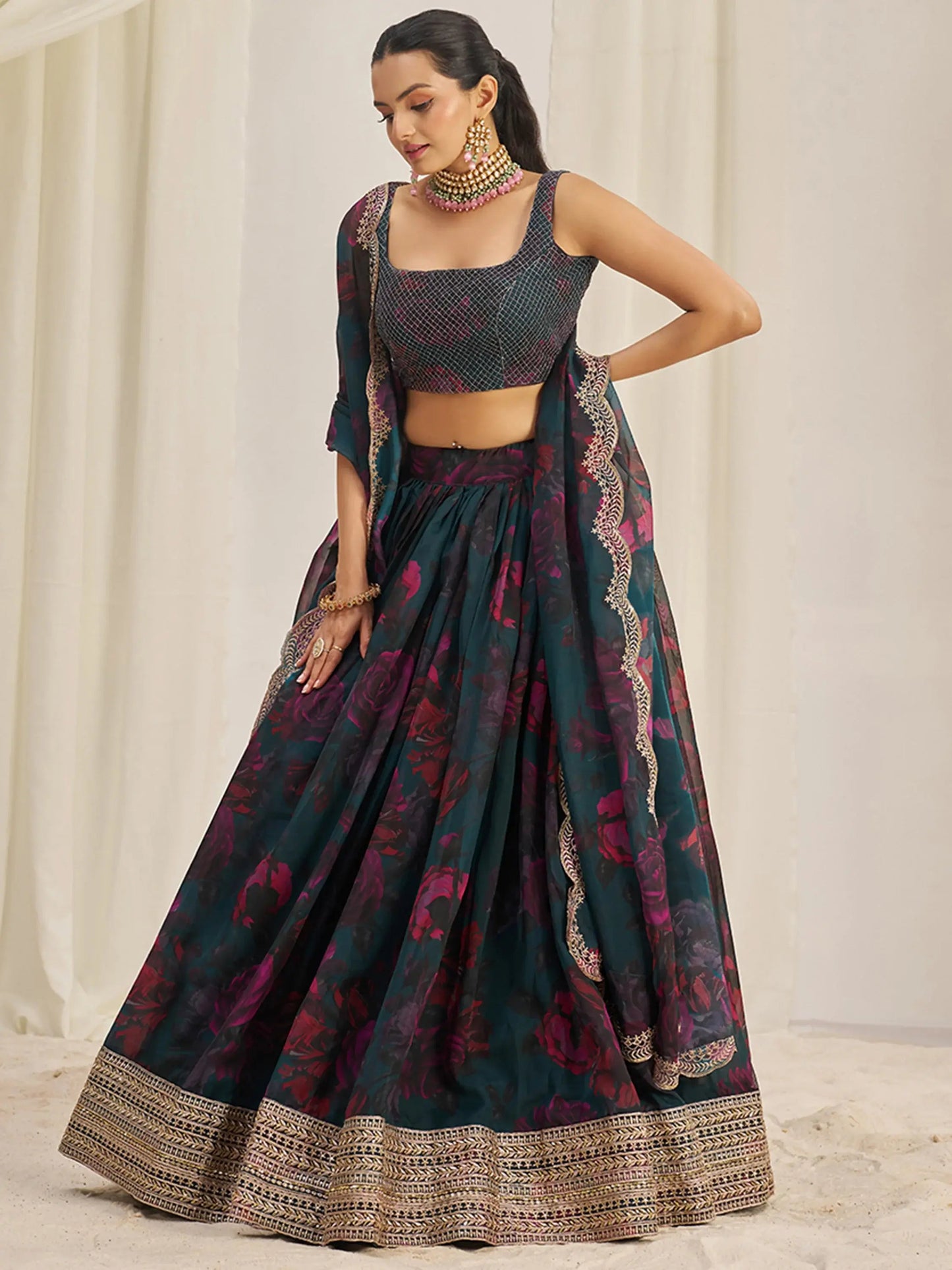 Captivating Teal Green Printed Organza Event Wear Lehenga Choli - Zeel Clothing