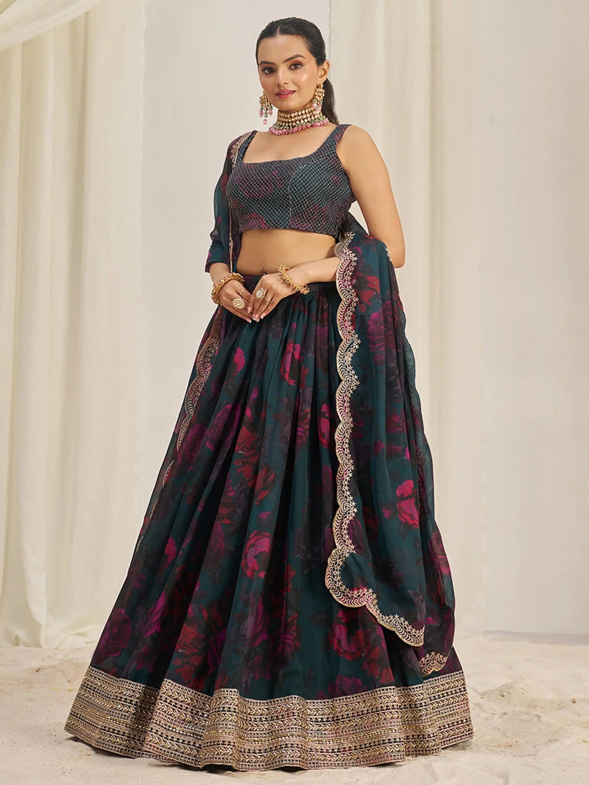 Captivating Teal Green Printed Organza Event Wear Lehenga Choli - Zeel Clothing