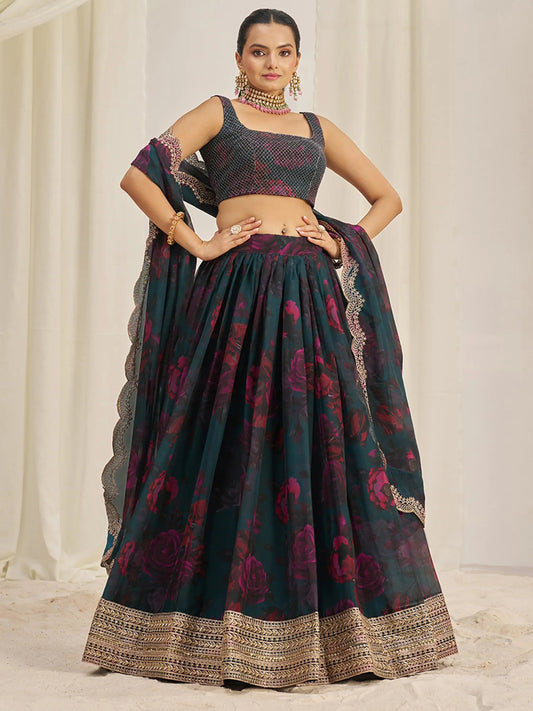 Captivating Teal Green Printed Organza Event Wear Lehenga Choli - Zeel Clothing