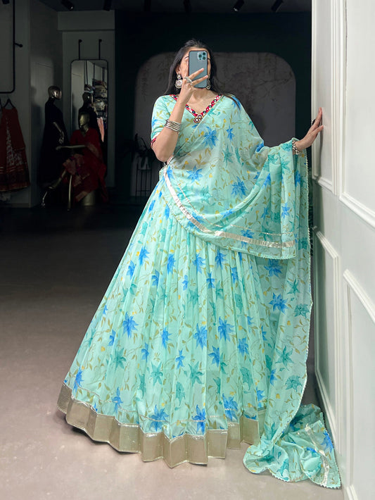 Pista Color Floral Print With Embossed Design Tabby Silk Chaniya Choli