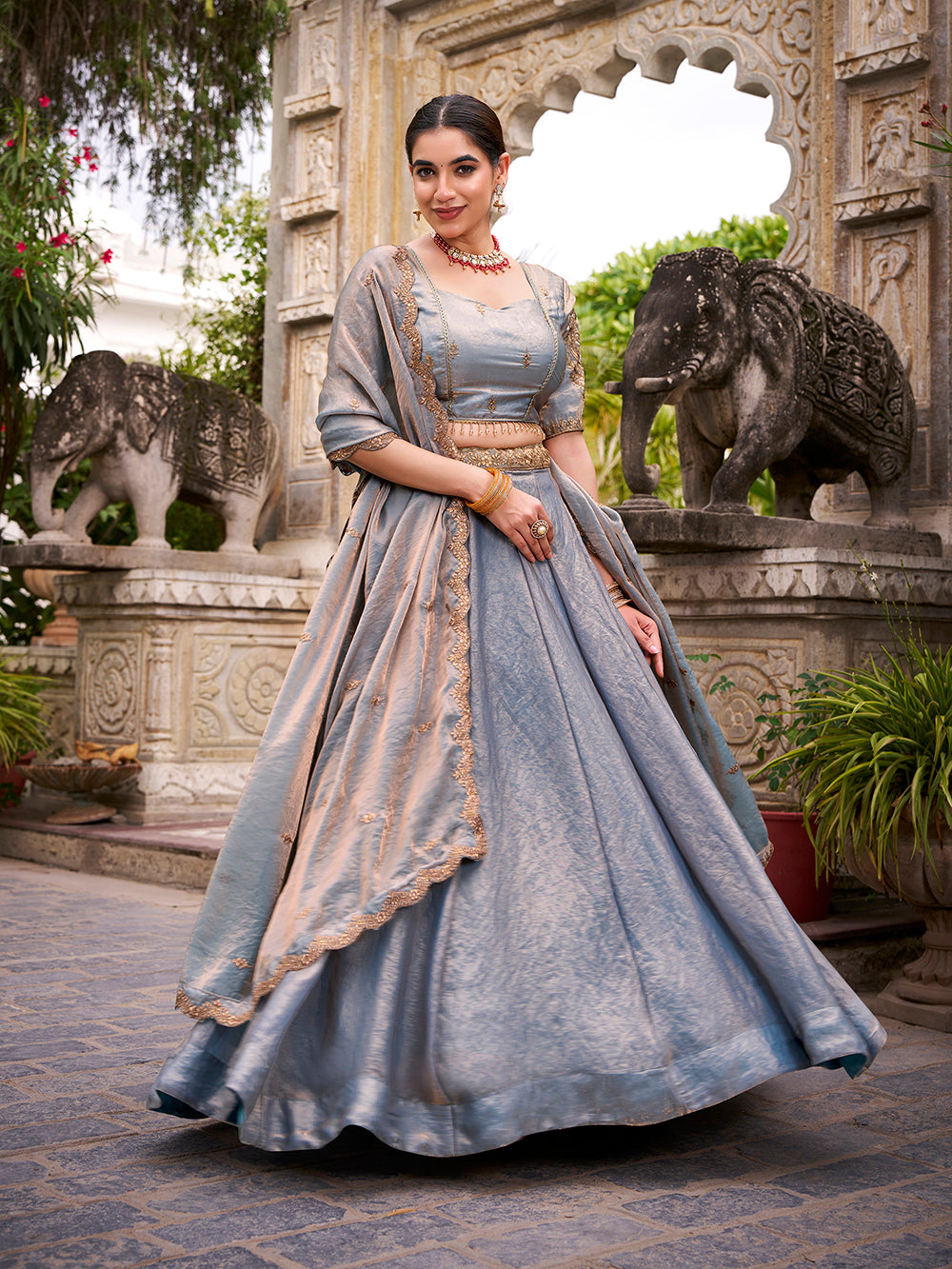 Sky Blue Color Sequins And Thread Embroidery Work Belt Fendi Lehenga Choli