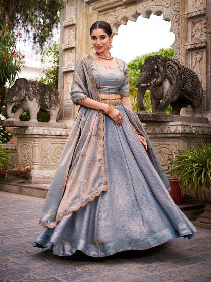 Sky Blue Color Sequins And Thread Embroidery Work Belt Fendi Lehenga Choli