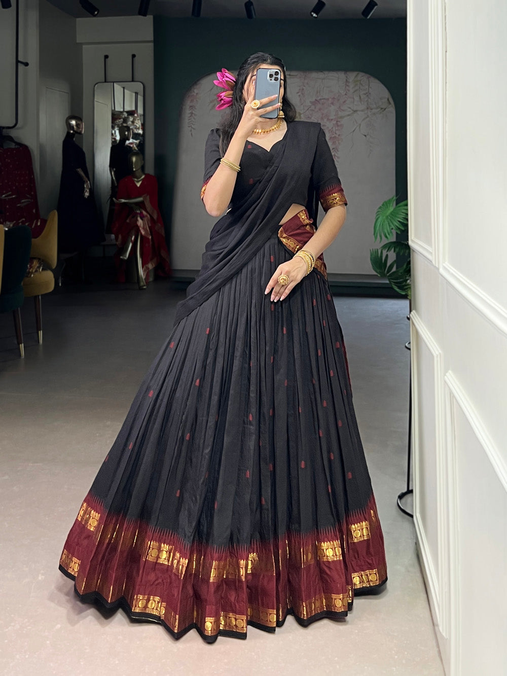 Black Color Zari Weaving Work Chanderi Lehenga Choli