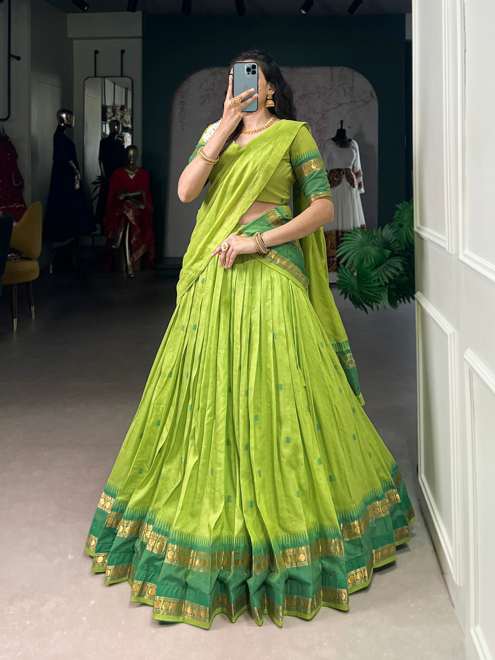 Parrot Color Zari Weaving Work Chanderi Lehenga Choli