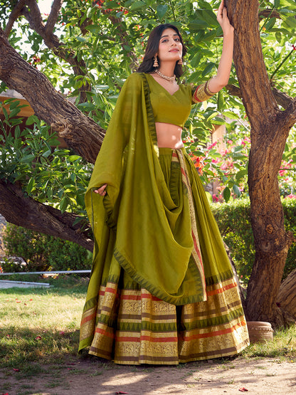 Mehandi Color Plain With Zari Weaving Work Chanderi Silk Lehenga Choli