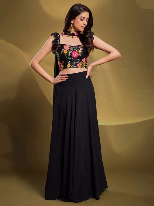 Charming Black Sequins Georgette Reception Wear Lehenga Choli - Zeel Clothing
