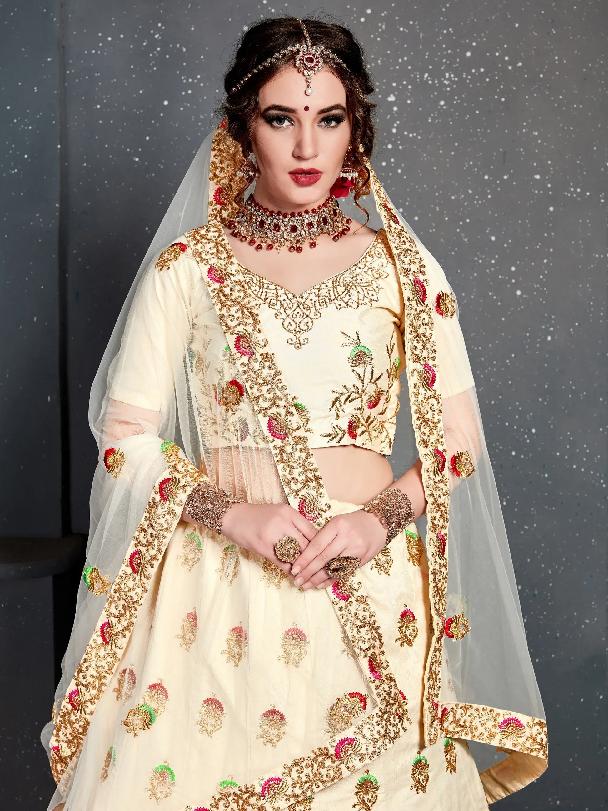 Charming Cream Zari Embroidered Silk Wedding Lehenga Choli - Zeel Clothing