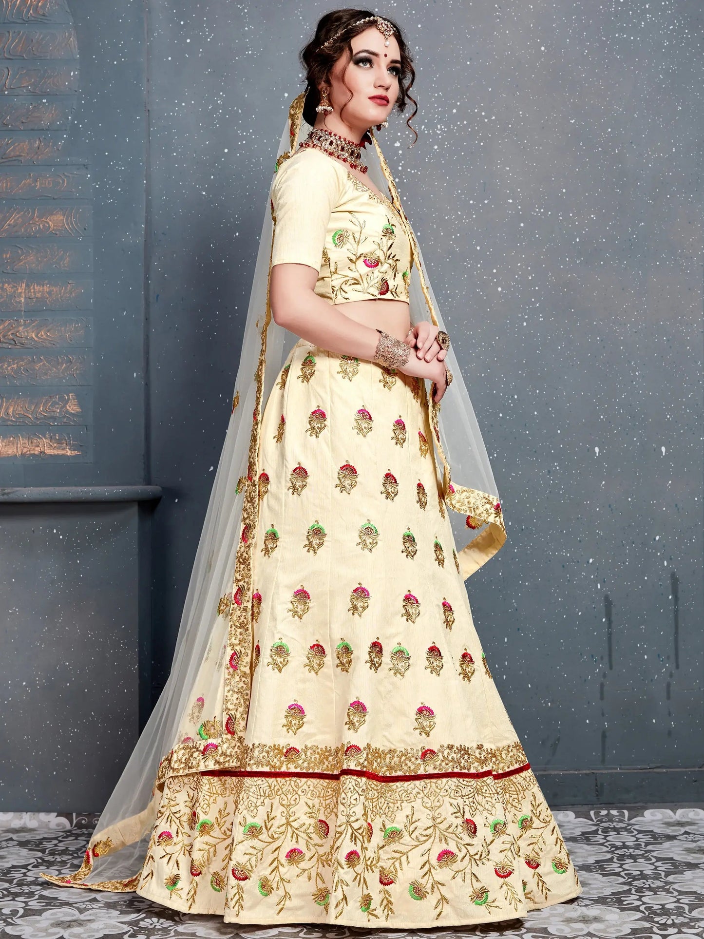 Charming Cream Zari Embroidered Silk Wedding Lehenga Choli - Zeel Clothing