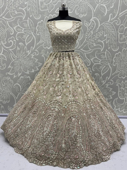 Charming Cream Zircon Work Net Bridesmaid Lehenga Choli With Dupatta - Zeel Clothing