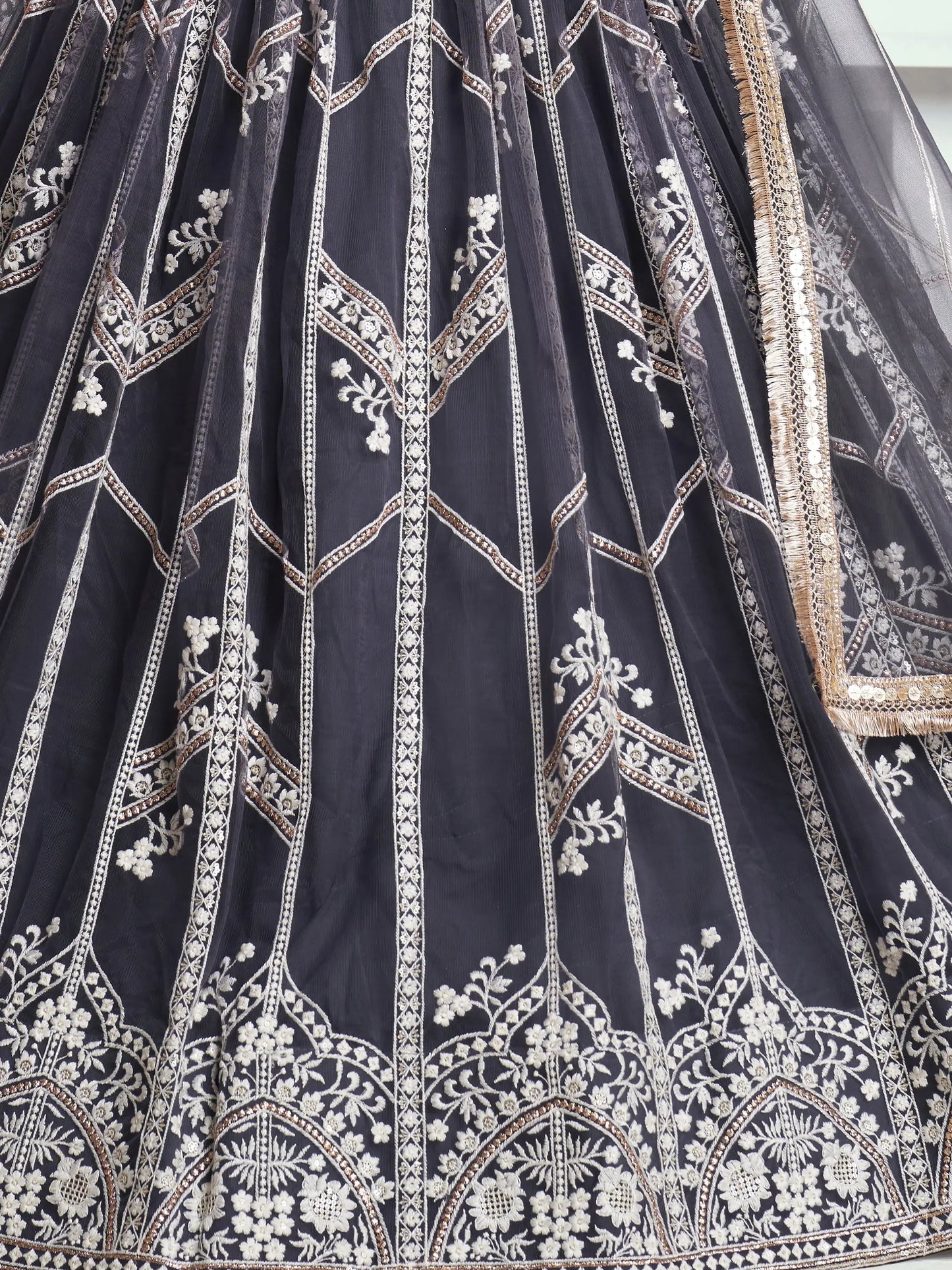 Charming Dark Grey Embroidered Net Reception Wear Lehenga Choli - Zeel Clothing