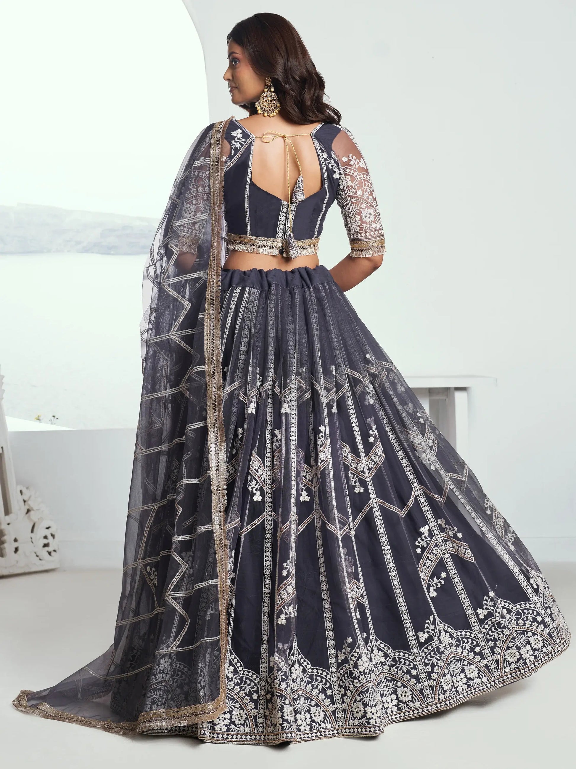 Charming Dark Grey Embroidered Net Reception Wear Lehenga Choli - Zeel Clothing