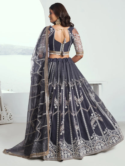 Charming Dark Grey Embroidered Net Reception Wear Lehenga Choli - Zeel Clothing