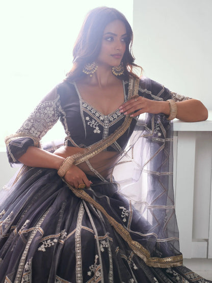 Charming Dark Grey Embroidered Net Reception Wear Lehenga Choli - Zeel Clothing