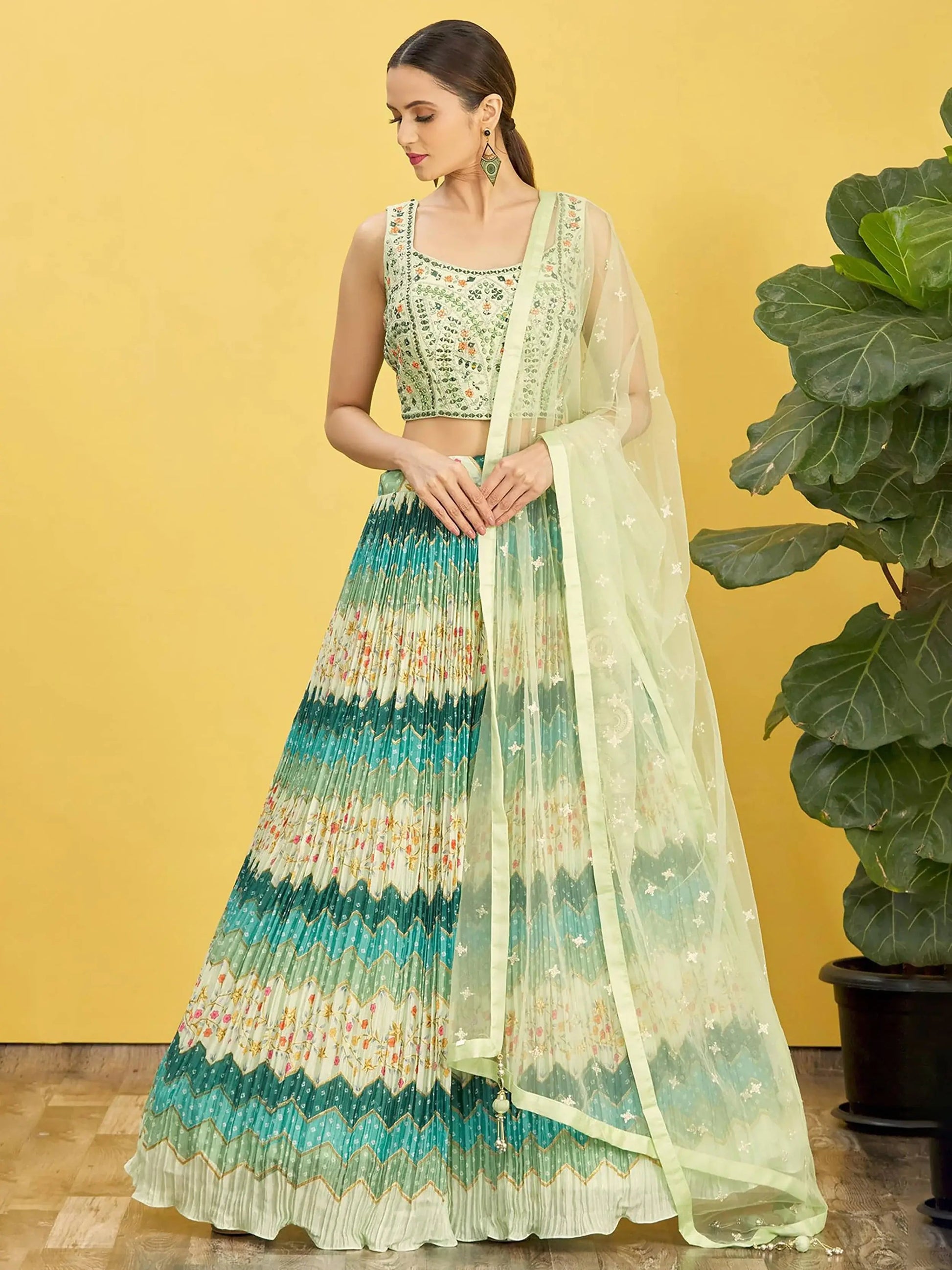 Charming Green Embroidered Work Chinon Reception Lehenga Choli - Zeel Clothing