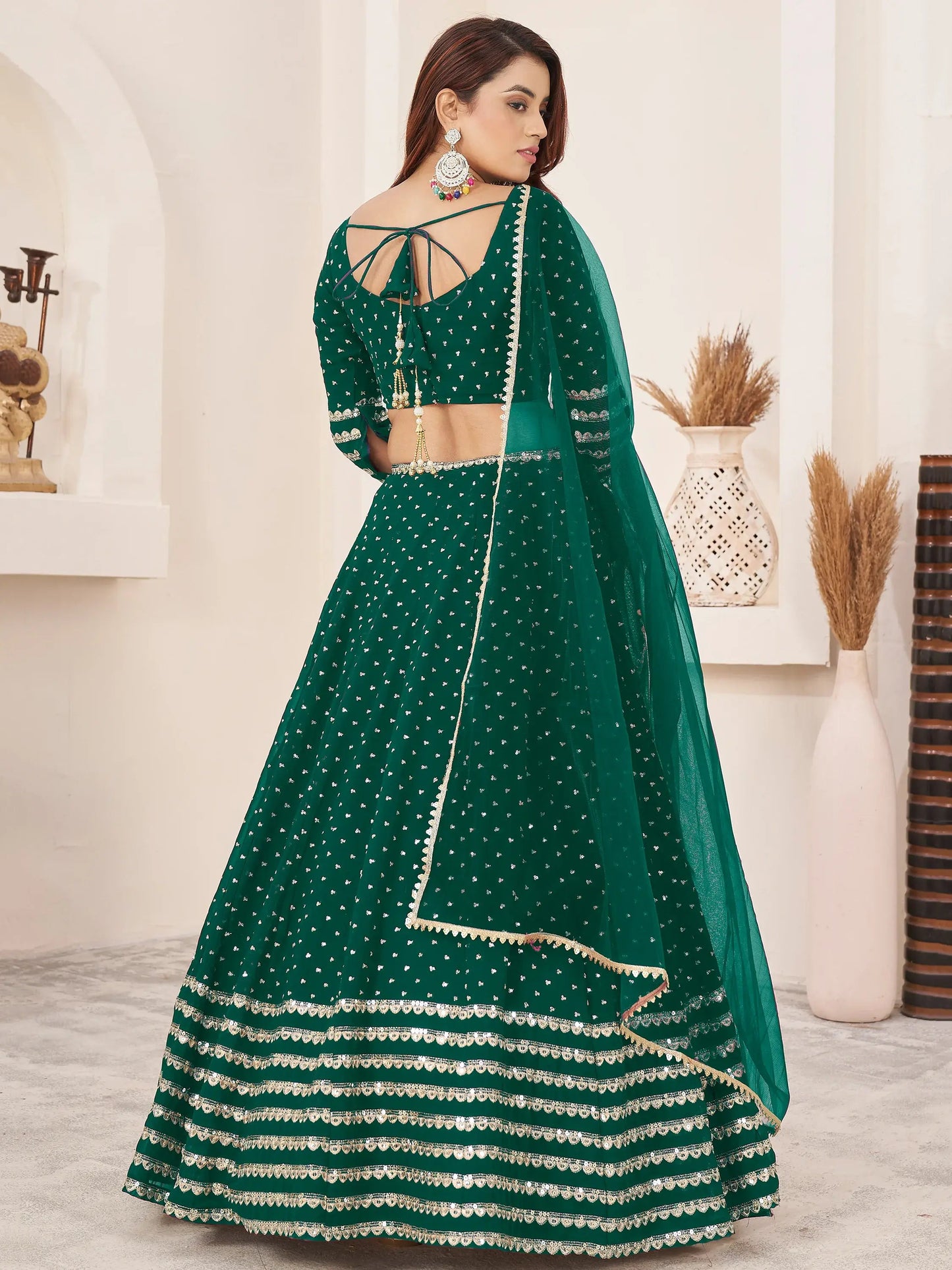 Charming Green Sequins Georgette Lehenga Choli With Dupatta - Zeel Clothing