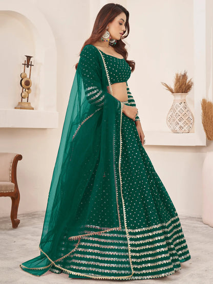 Charming Green Sequins Georgette Lehenga Choli With Dupatta - Zeel Clothing