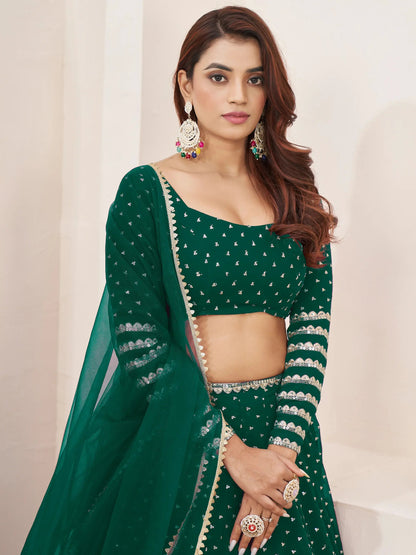 Charming Green Sequins Georgette Lehenga Choli With Dupatta - Zeel Clothing