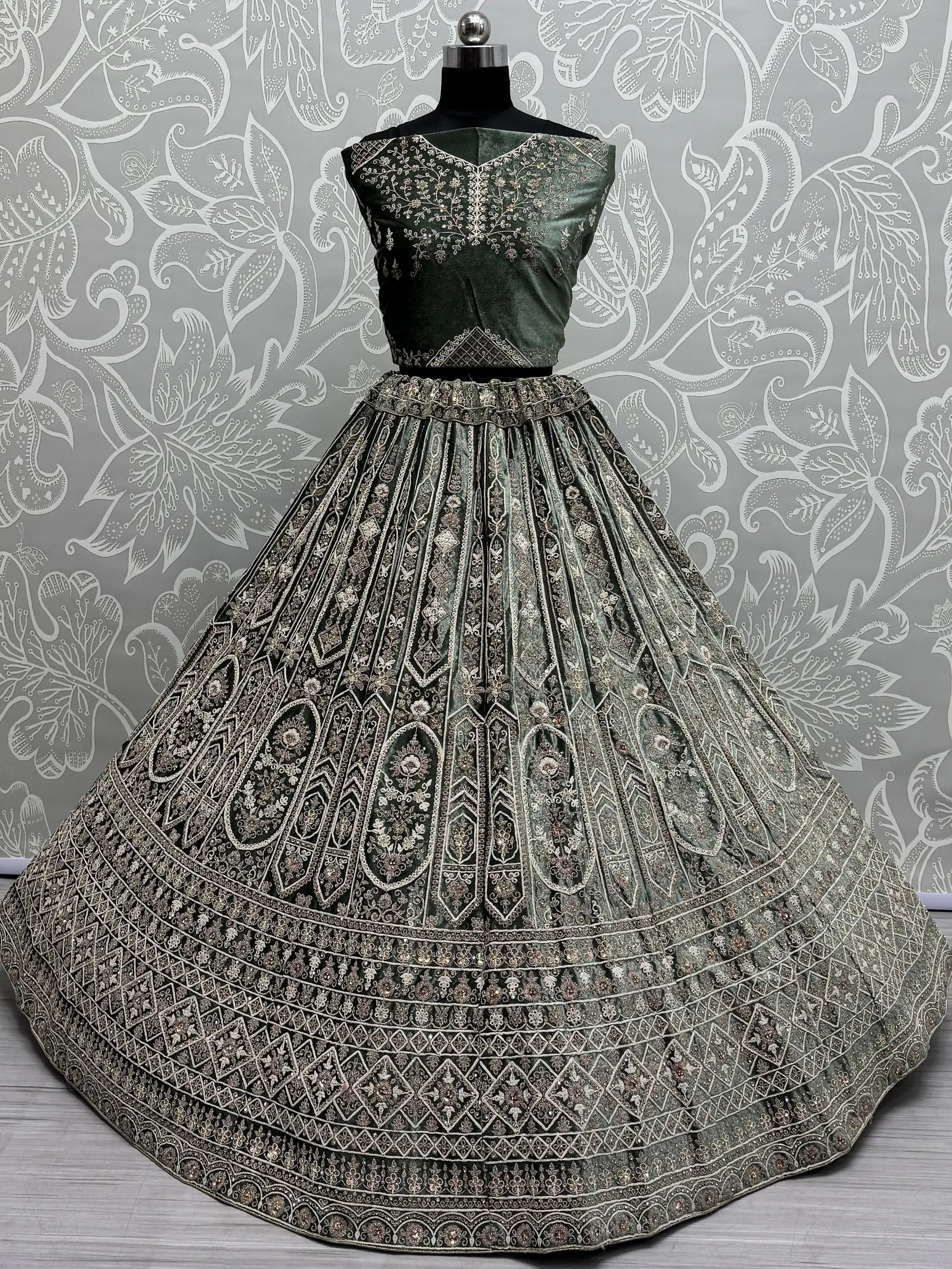 Charming Green Velvet Bridal Lehenga Choli With Double Dupatta - Zeel Clothing
