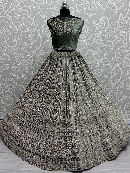 Charming Green Velvet Bridal Lehenga Choli With Double Dupatta - Zeel Clothing