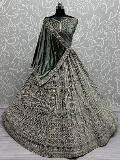 Charming Green Velvet Bridal Lehenga Choli With Double Dupatta - Zeel Clothing