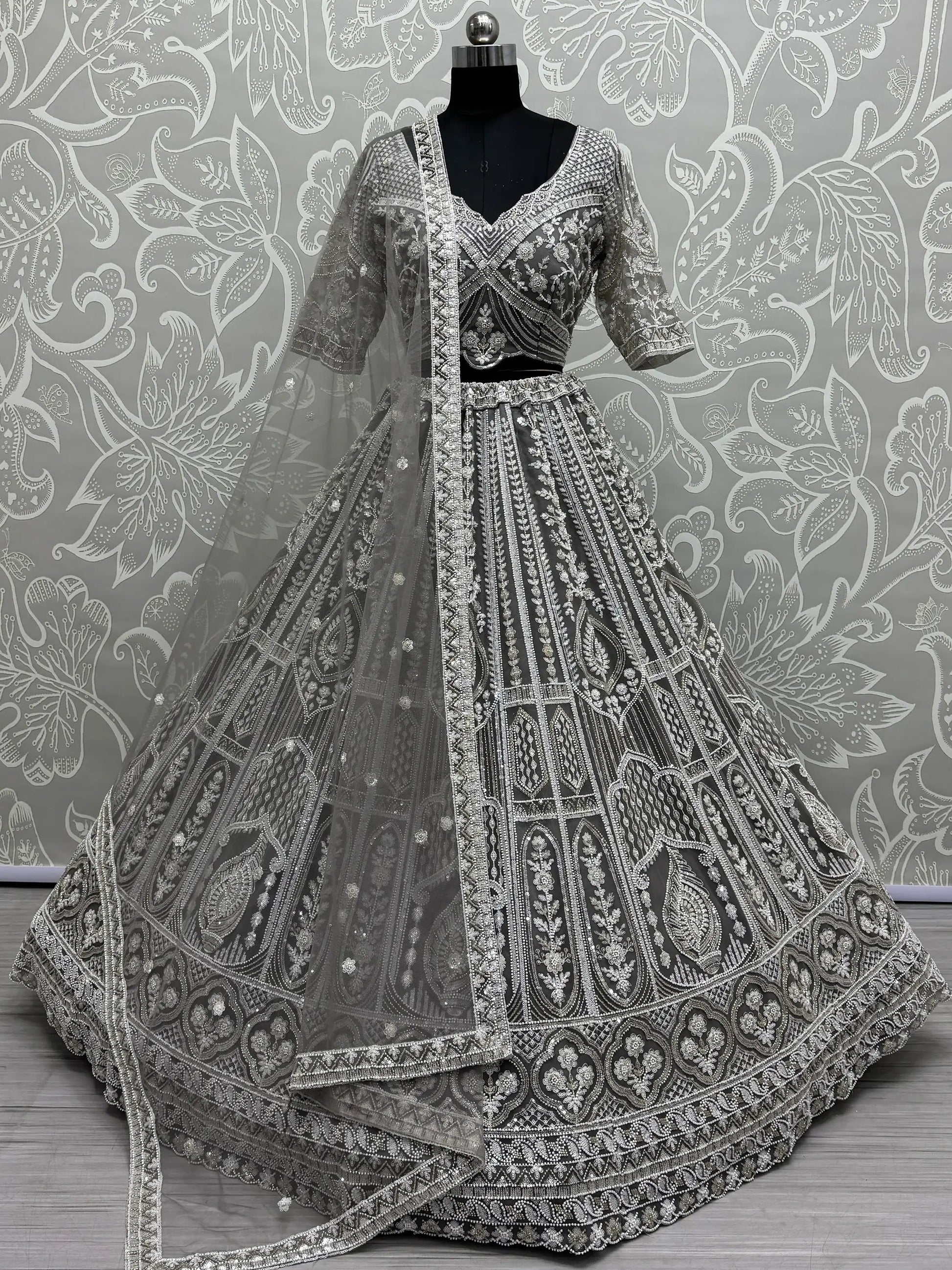 Charming Grey Embroidered Net Bridesmaid Lehenga Choli With Dupatta - Zeel Clothing