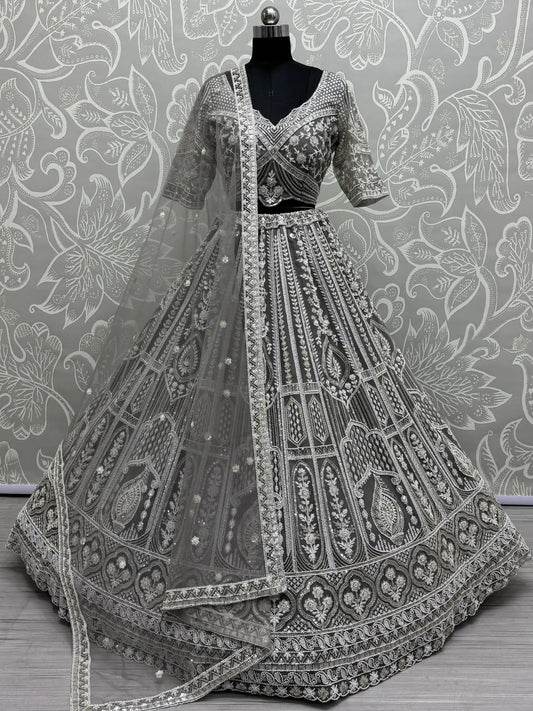 Charming Grey Embroidered Net Bridesmaid Lehenga Choli With Dupatta - Zeel Clothing