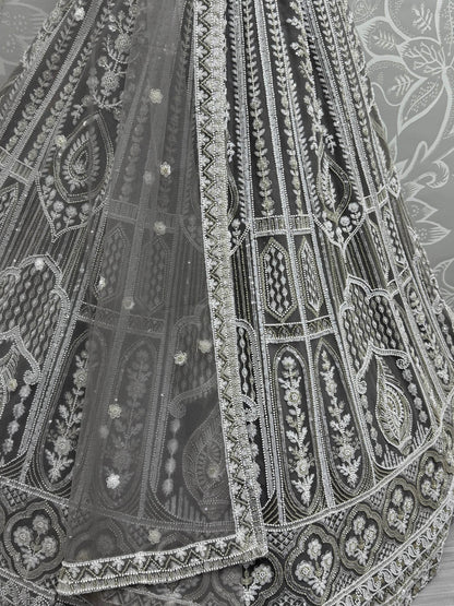 Charming Grey Embroidered Net Bridesmaid Lehenga Choli With Dupatta - Zeel Clothing