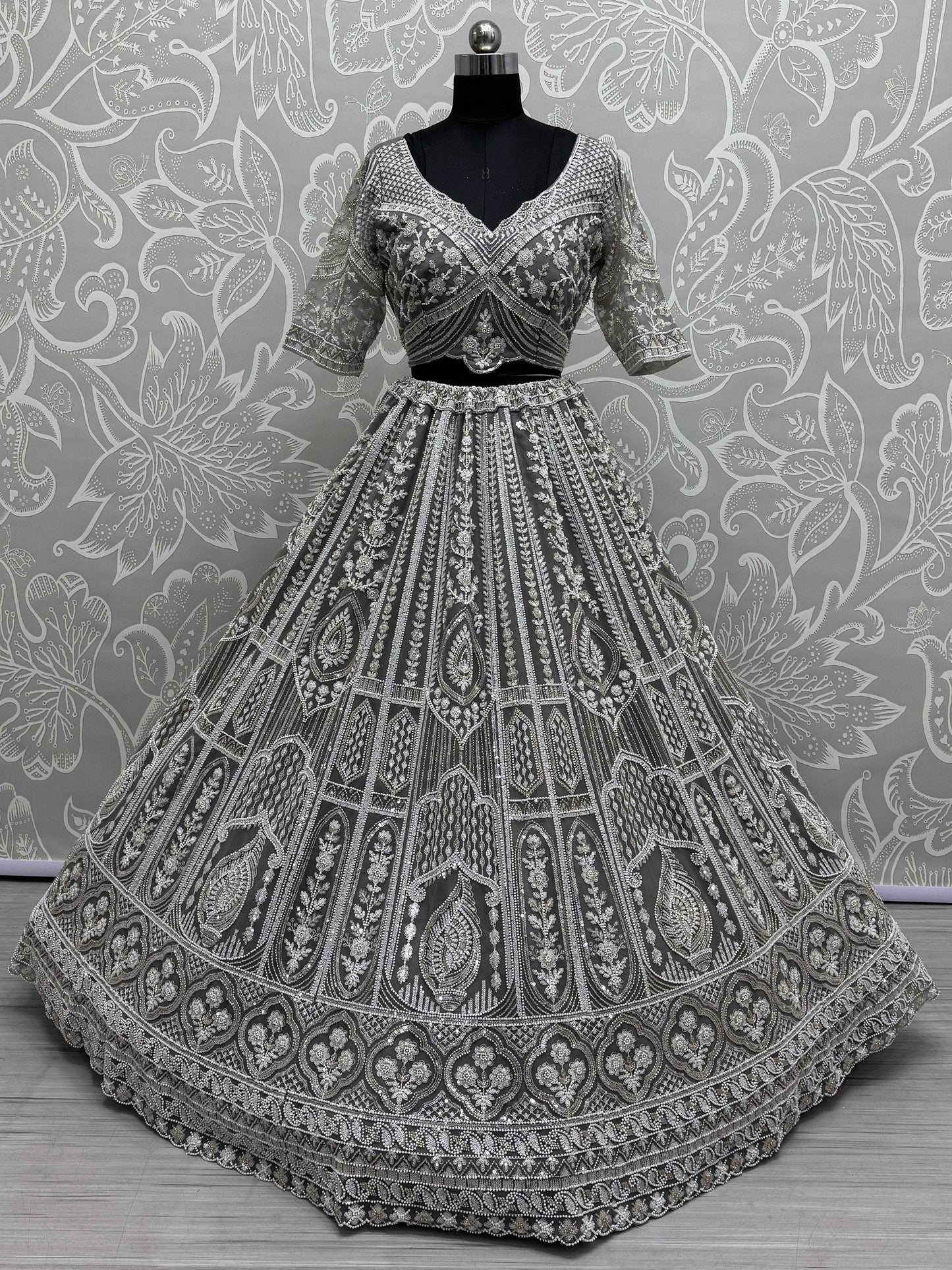 Charming Grey Embroidered Net Bridesmaid Lehenga Choli With Dupatta - Zeel Clothing