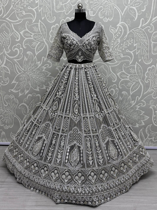 Charming Grey Embroidered Net Bridesmaid Lehenga Choli With Dupatta - Zeel Clothing