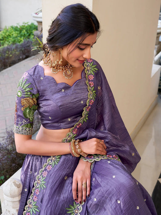 Charming Lavender Thread Embroidered Crush Silk Lehenga Choli With Dupatta - Zeel Clothing