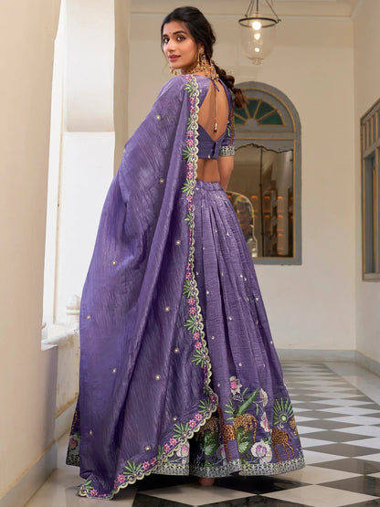 Charming Lavender Thread Embroidered Crush Silk Lehenga Choli With Dupatta - Zeel Clothing