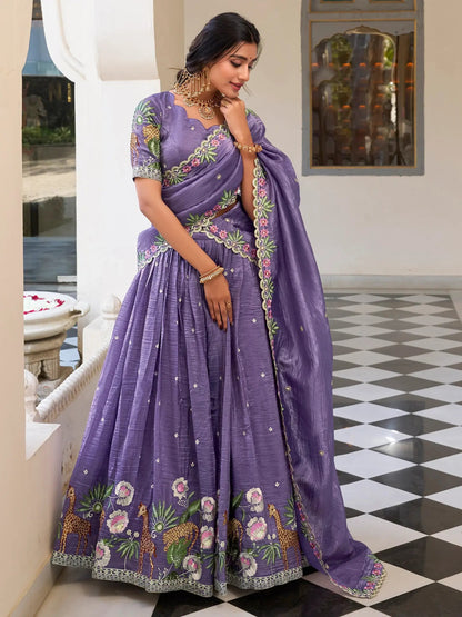 Charming Lavender Thread Embroidered Crush Silk Lehenga Choli With Dupatta - Zeel Clothing