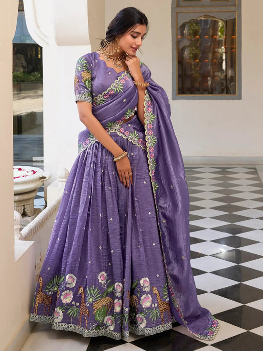 Charming Lavender Thread Embroidered Crush Silk Lehenga Choli With Dupatta - Zeel Clothing
