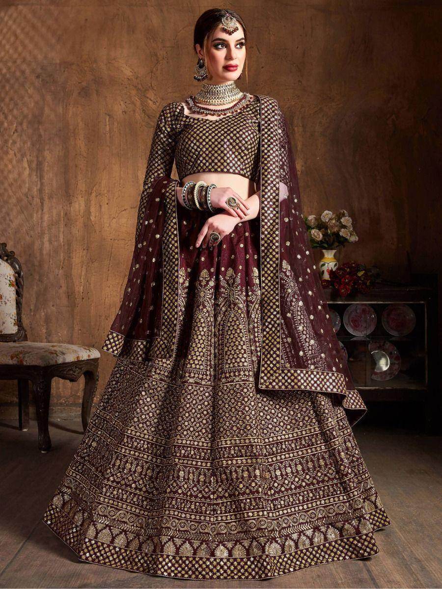 Charming Maroon Sequins Raw Silk Reception Wear Lehenga Choli - Zeel Clothing