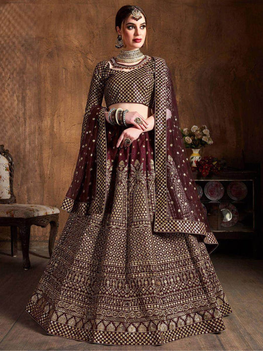 Charming Maroon Sequins Raw Silk Reception Wear Lehenga Choli - Zeel Clothing