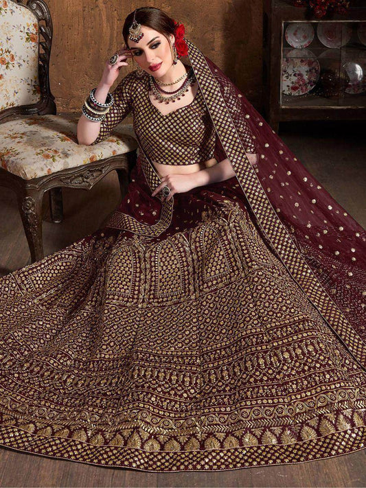 Charming Maroon Sequins Raw Silk Reception Wear Lehenga Choli - Zeel Clothing