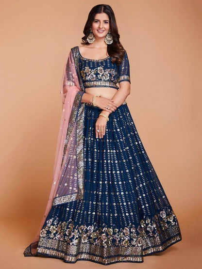 Charming Navy Blue Sequins Georgette Designer Lehenga Choli With Dupatta - Zeel Clothing
