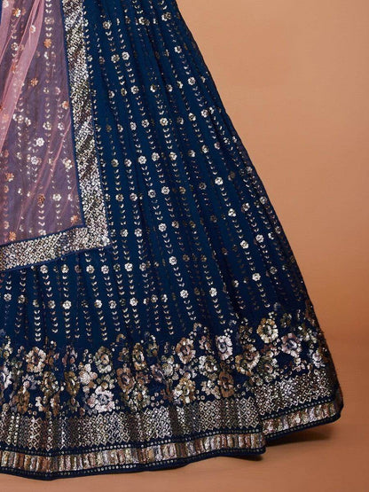 Charming Navy Blue Sequins Georgette Designer Lehenga Choli With Dupatta - Zeel Clothing