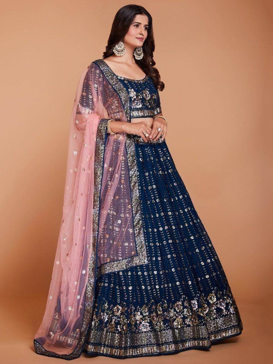 Charming Navy Blue Sequins Georgette Designer Lehenga Choli With Dupatta - Zeel Clothing