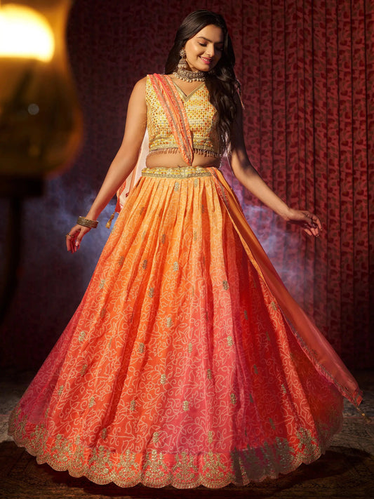 Charming Orange Printed Organza Wedding Lehenga Choli With Dupatta - Zeel Clothing