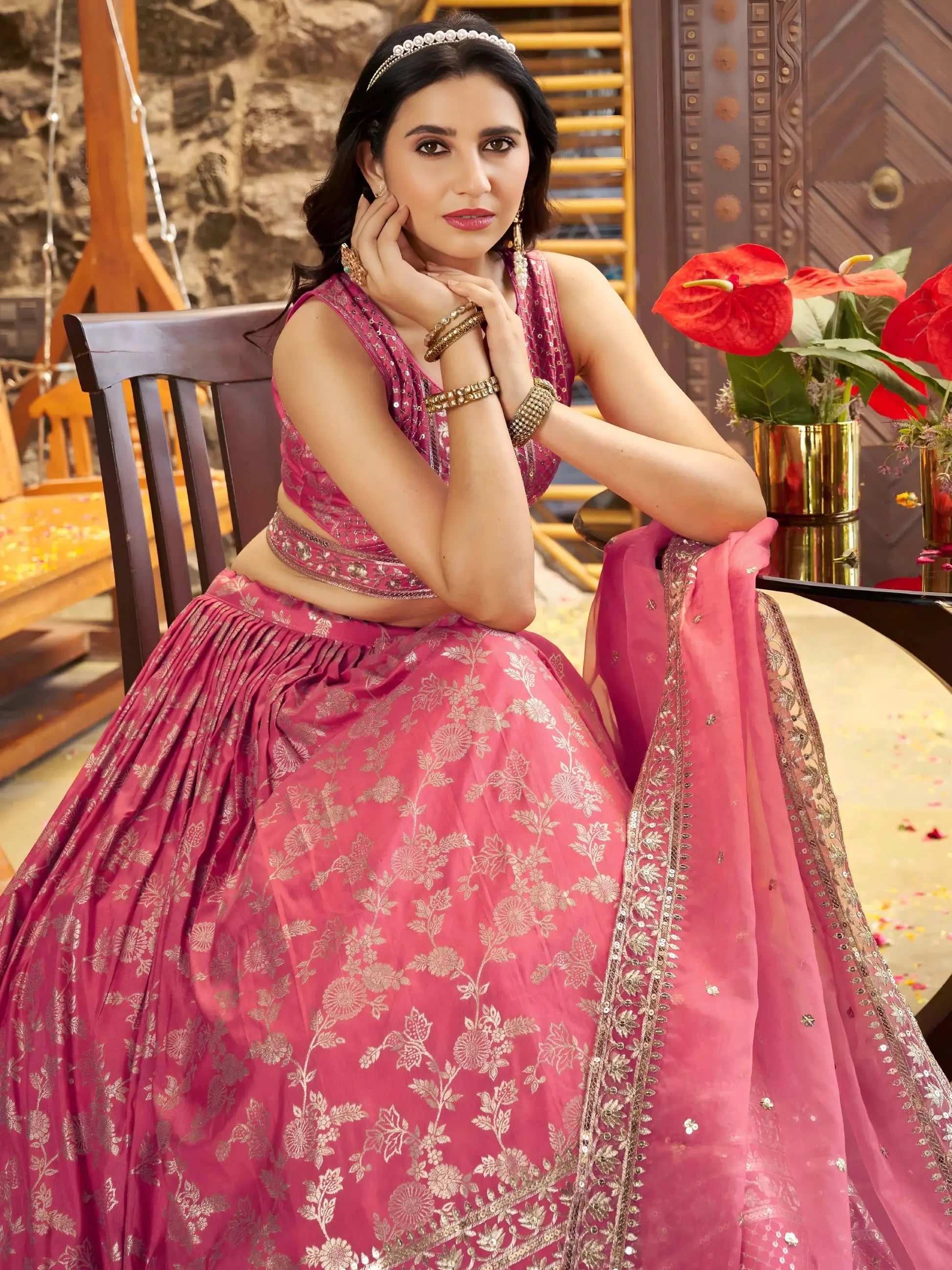 Charming Peach Zari Silk Ceremonial Wear Lehenga Choli With Dupatta - Zeel Clothing