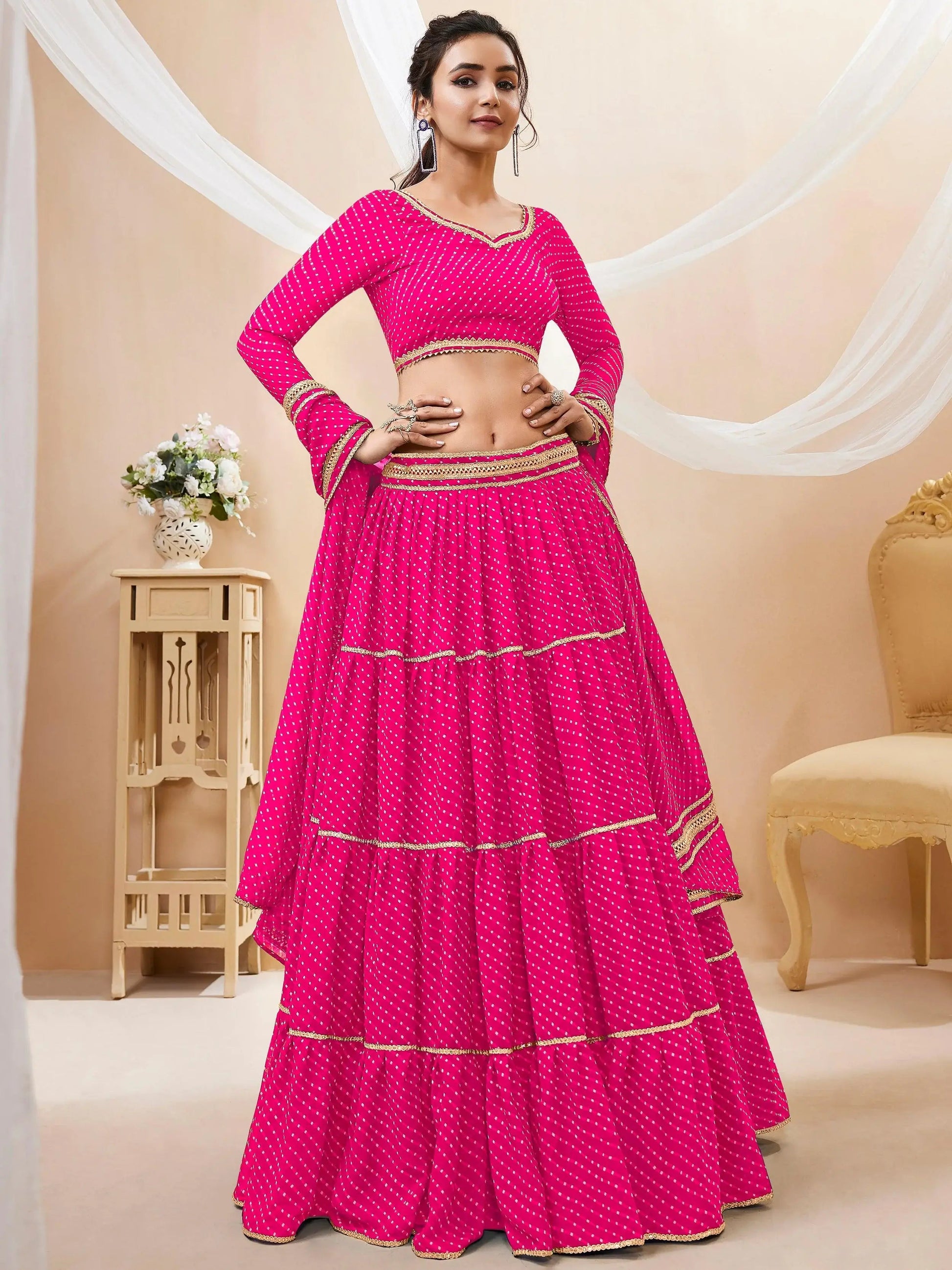 Charming Pink Leheriya Printed Georgette Traditional Lehenga Choli - Zeel Clothing