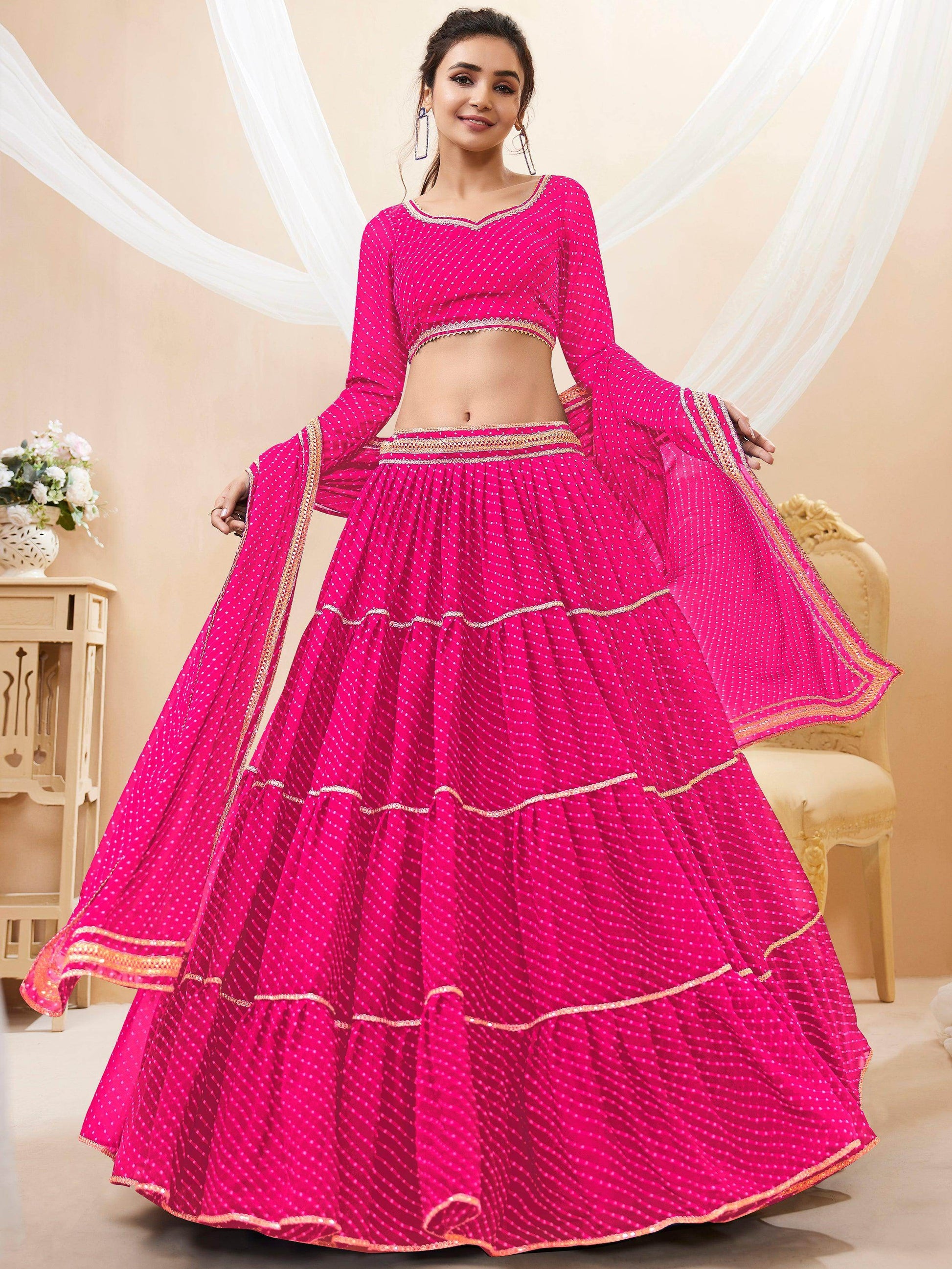 Charming Pink Leheriya Printed Georgette Traditional Lehenga Choli - Zeel Clothing