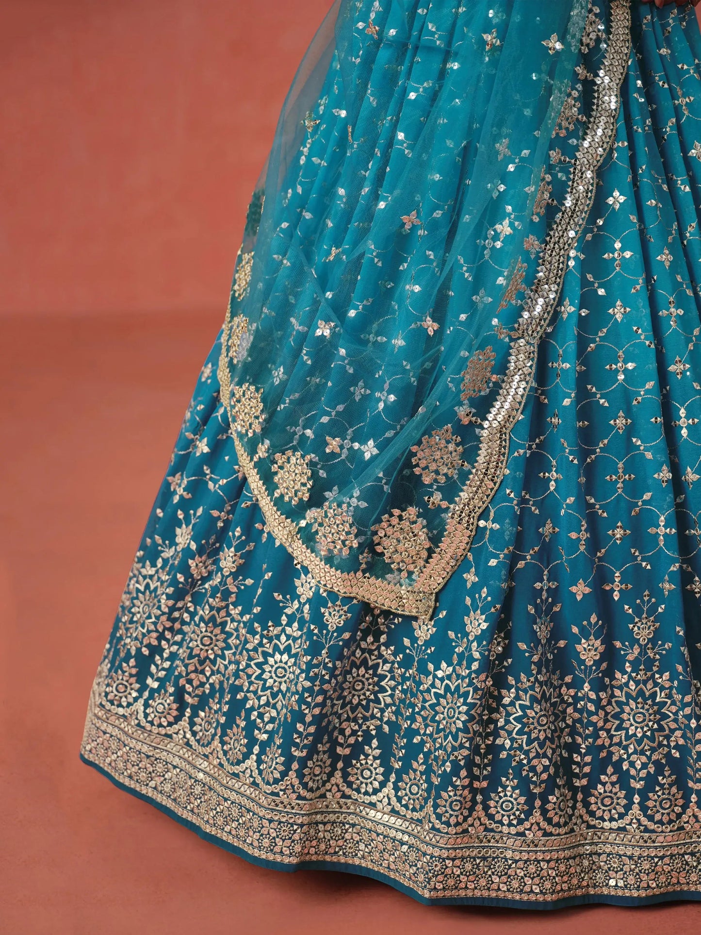 Charming Teal Blue Sequins Work Georgette Lehenga Choli - Zeel Clothing