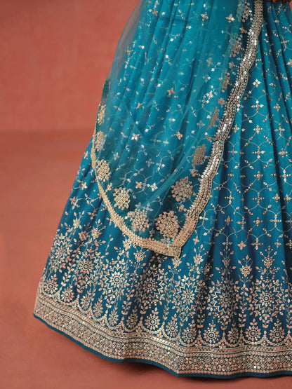 Charming Teal Blue Sequins Work Georgette Lehenga Choli - Zeel Clothing
