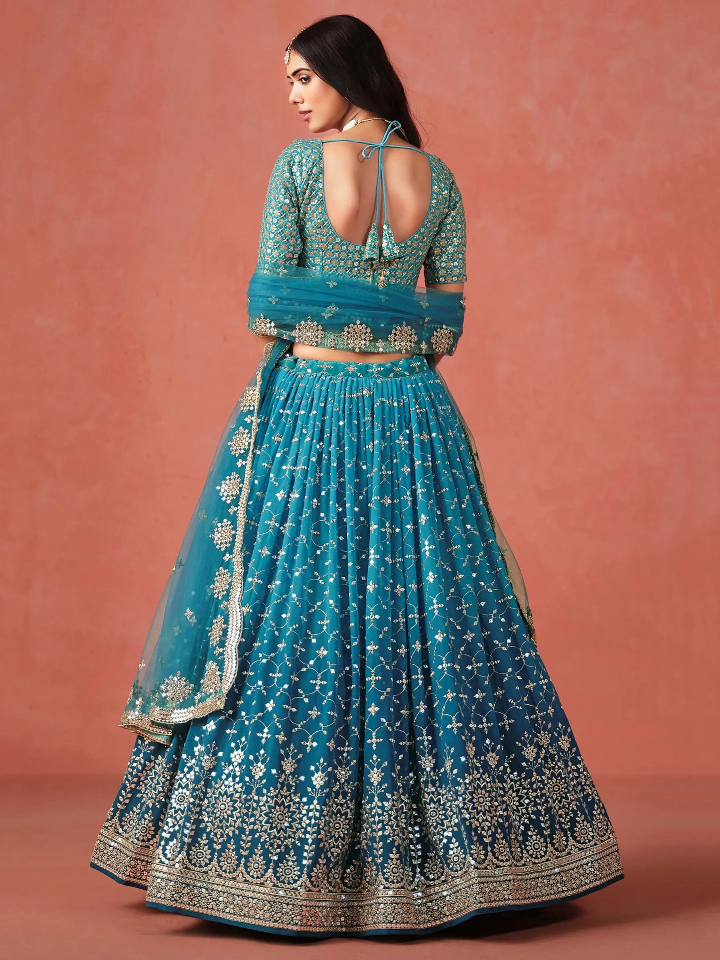 Charming Teal Blue Sequins Work Georgette Lehenga Choli - Zeel Clothing