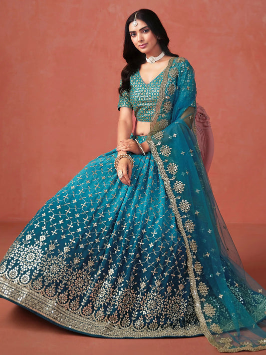 Charming Teal Blue Sequins Work Georgette Lehenga Choli - Zeel Clothing